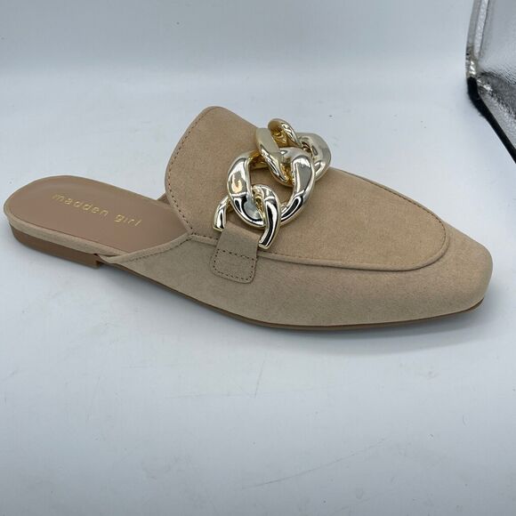 Madden Girl Squireee Womens Mules Size 8.5 Faux Tan Suede Gold Chain Slip On New - Picture 3 of 7